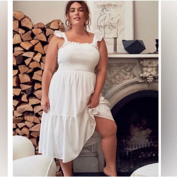 Eloquii NWT White Smocked Bodice Ruffle Midi Dress 26/28 - Picture 1 of 8